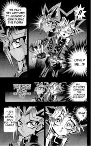 Ote kohtauksesta, jossa Yuugin "toinen minä" kehottaa tätä olemaan auttamatta Jounouchia korttiottelussa. Tämä on tärkeää Jounouchin henkisen kasvun kannalta.